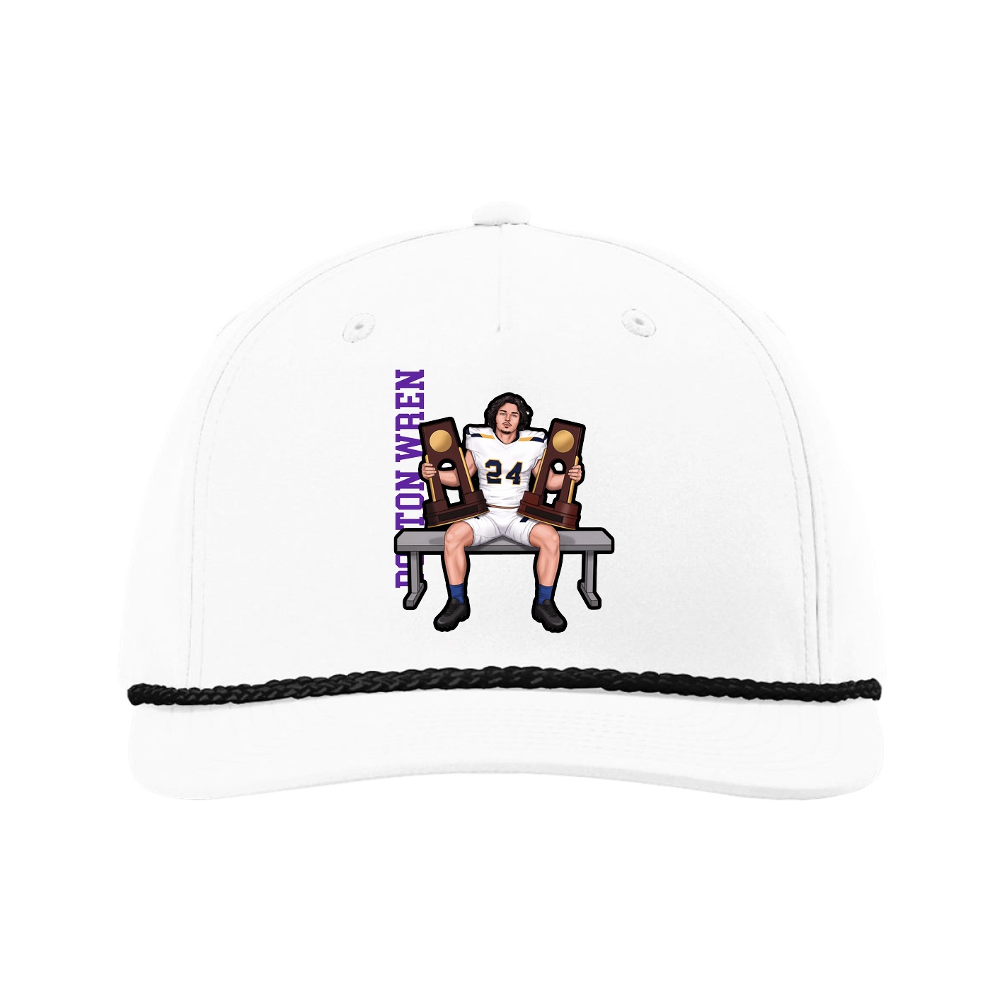 Five-Panel Classic Rope Cap — Name Vertical in White