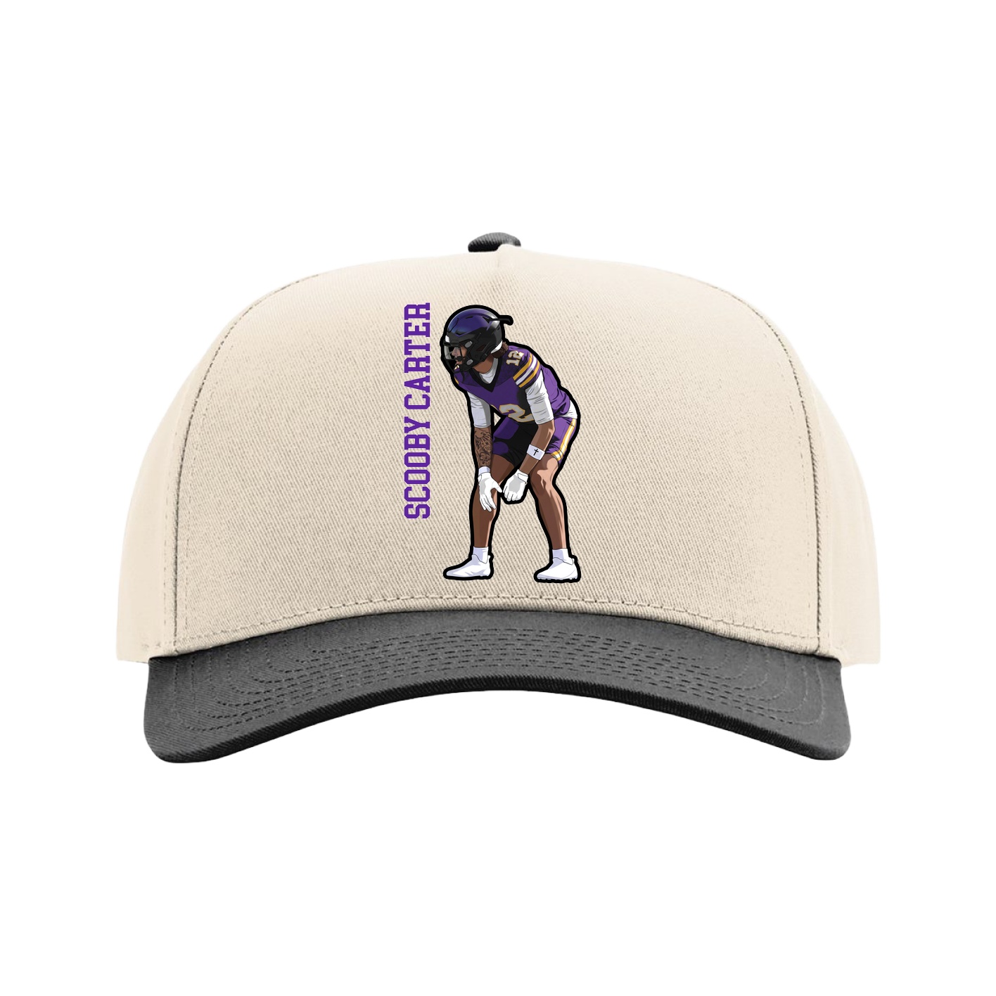 Full Fabric Five-Panel Champ Cap — Name Vertical in Cream/Black