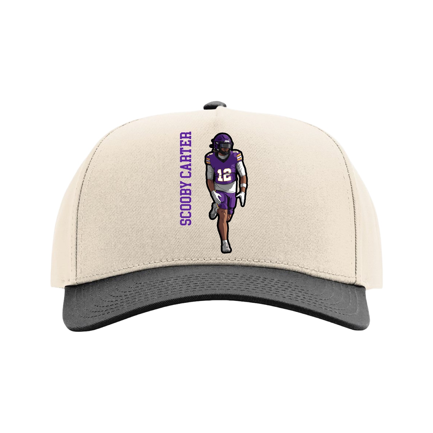 Full Fabric Five-Panel Champ Cap — Name Vertical in Cream/Black