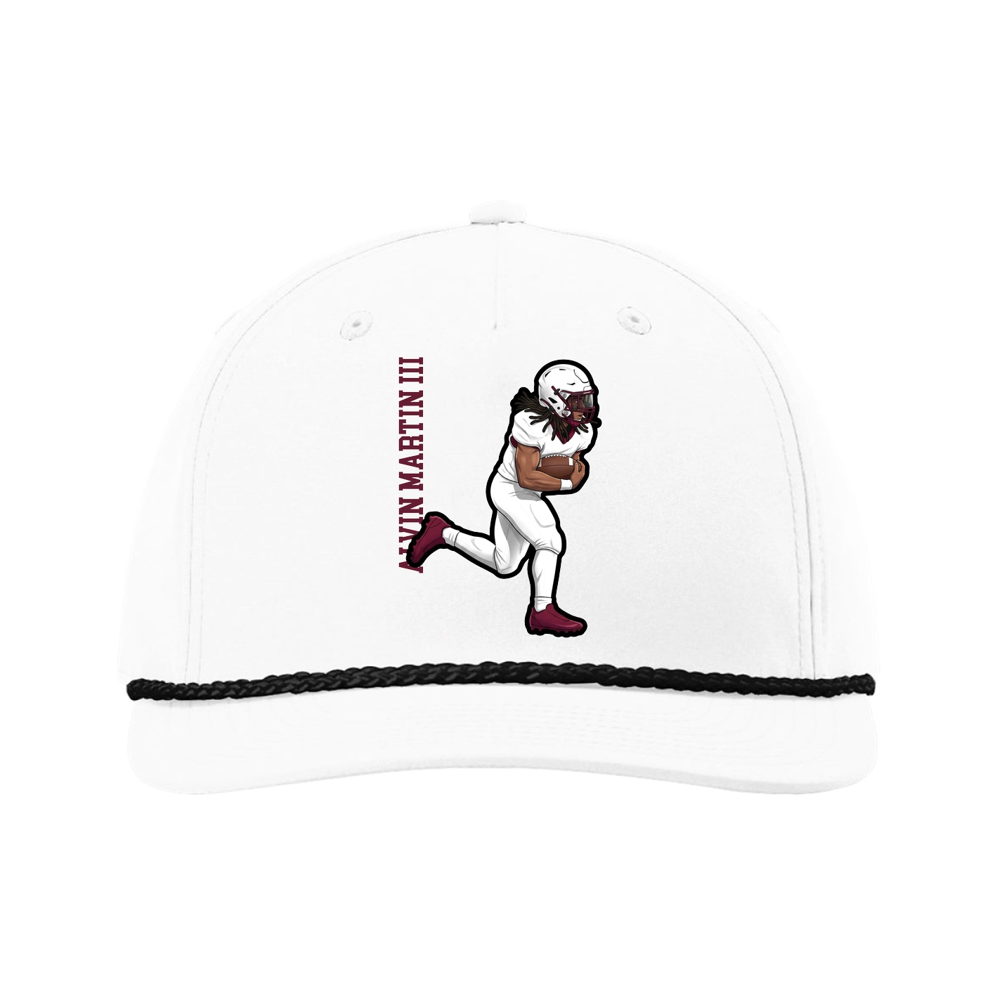 Five-Panel Classic Rope Cap — Name Vertical in White