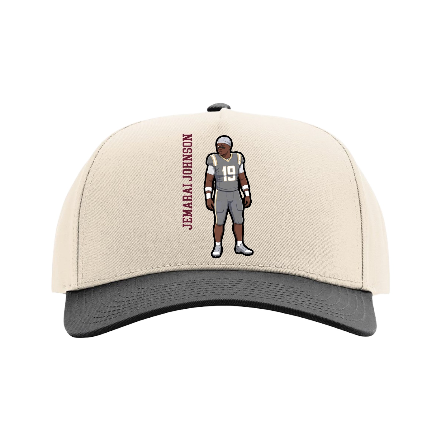 Full Fabric Five-Panel Champ Cap — Name Vertical in Cream/Black