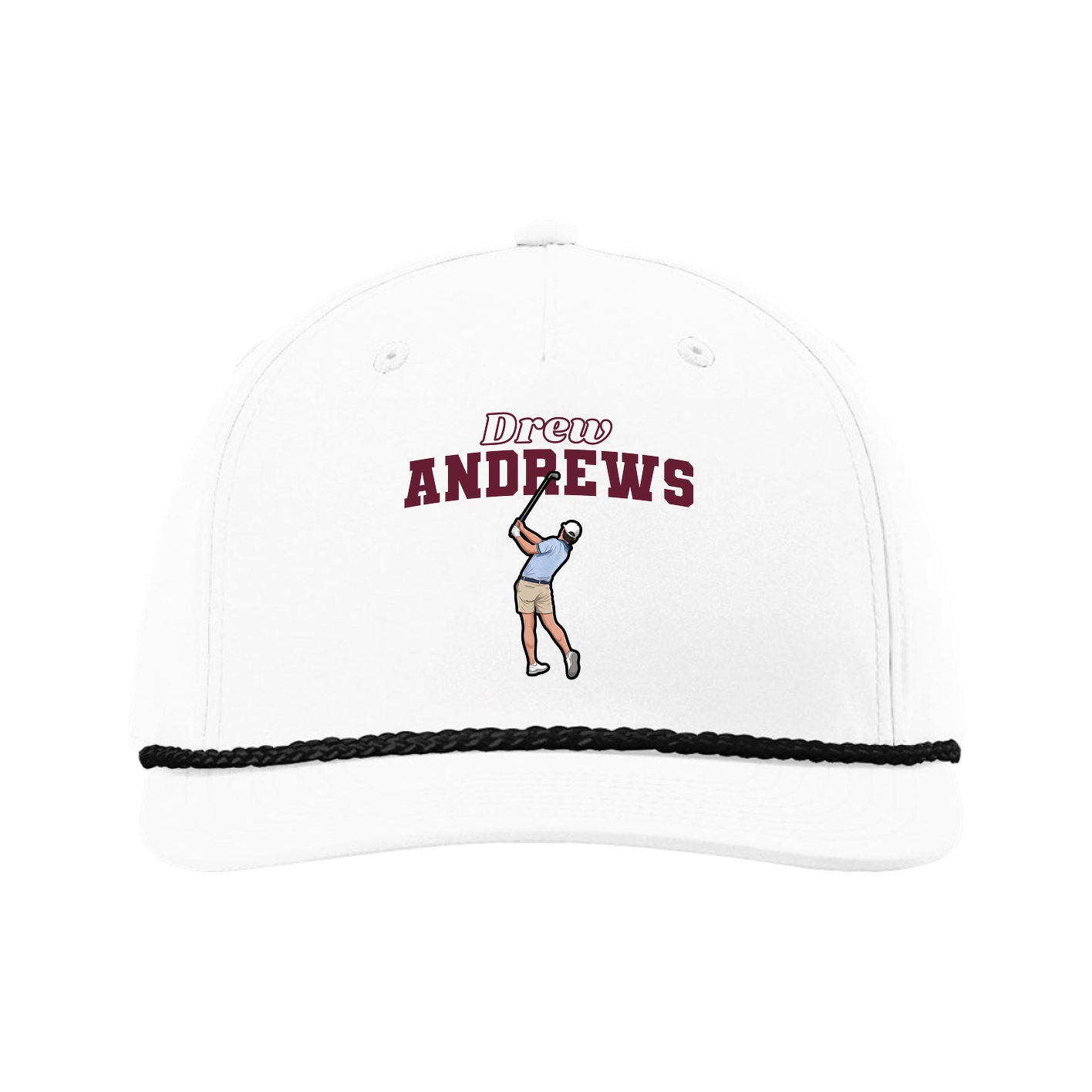 Five-Panel Classic Rope Cap — Name Arch in White