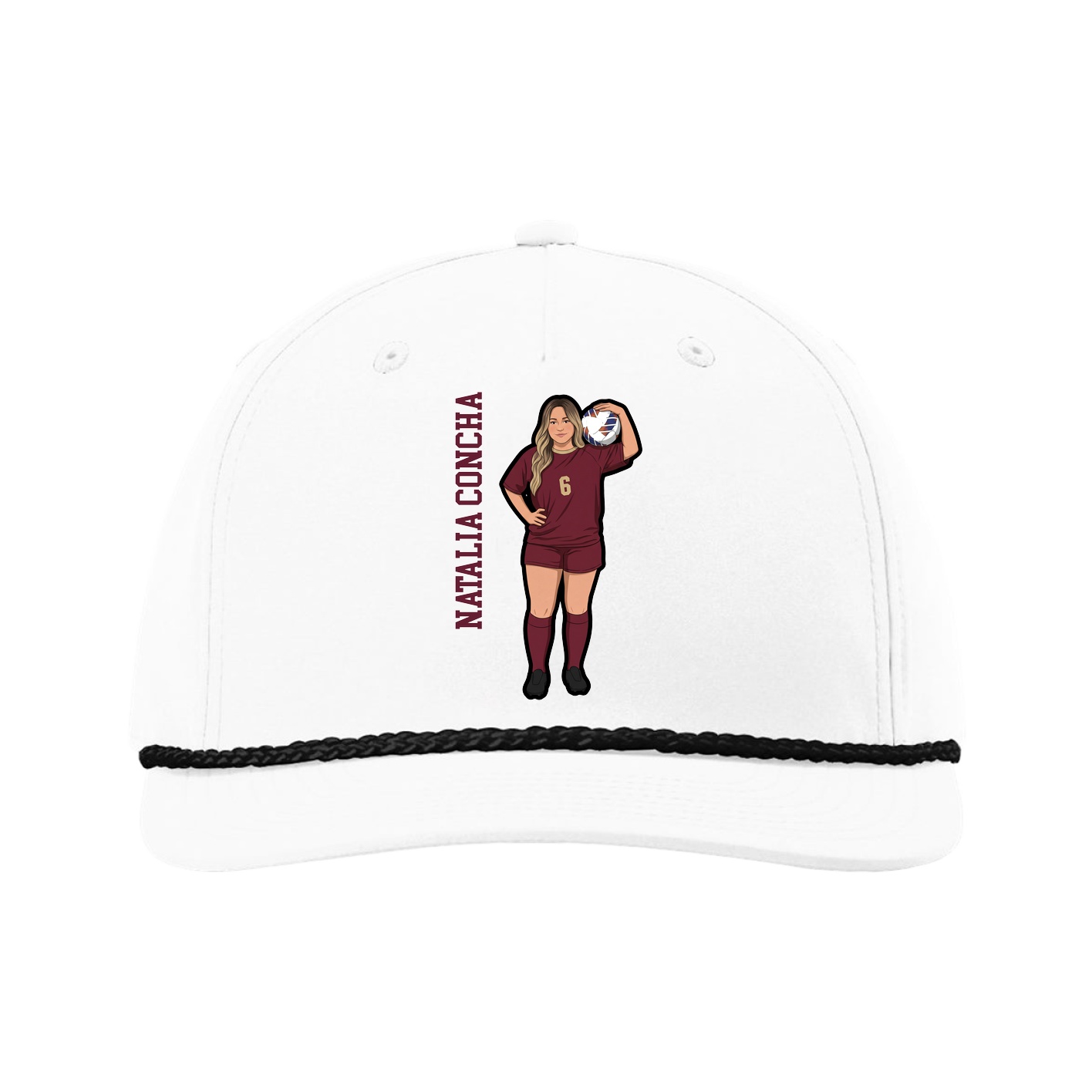 Five-Panel Classic Rope Cap — Name Vertical in White