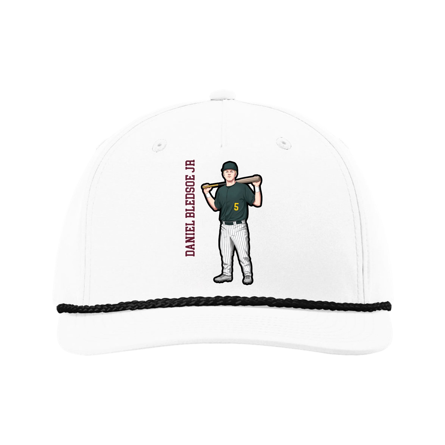 Five-Panel Classic Rope Cap — Name Vertical in White