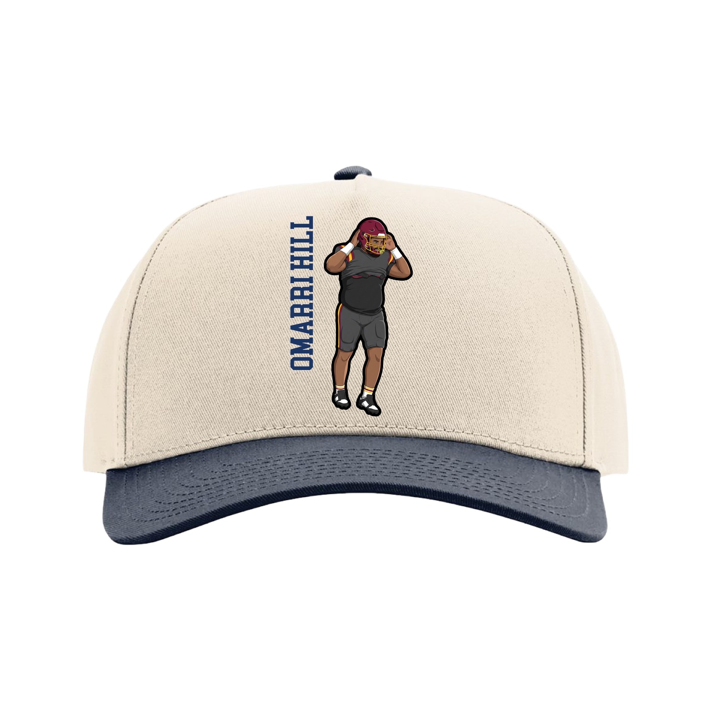 Full Fabric Five-Panel Champ Cap — Name Vertical in Cream/Navy