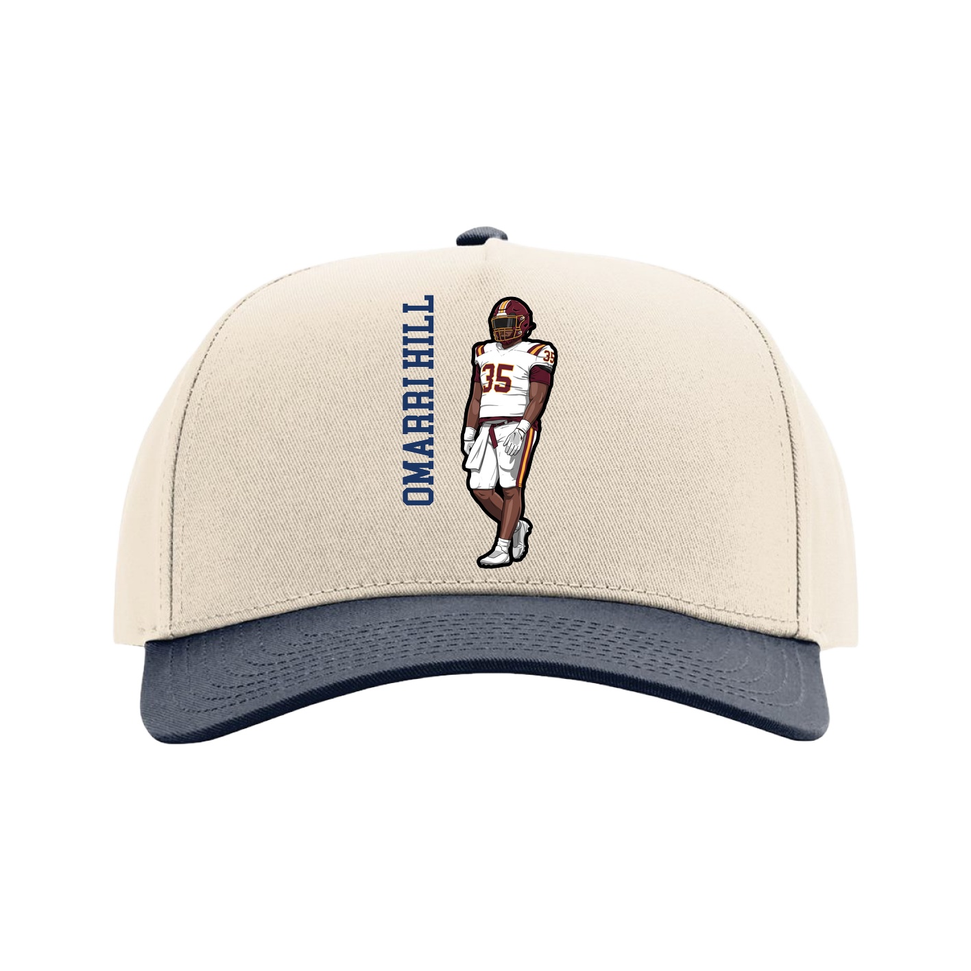Full Fabric Five-Panel Champ Cap — Name Vertical in Cream/Navy