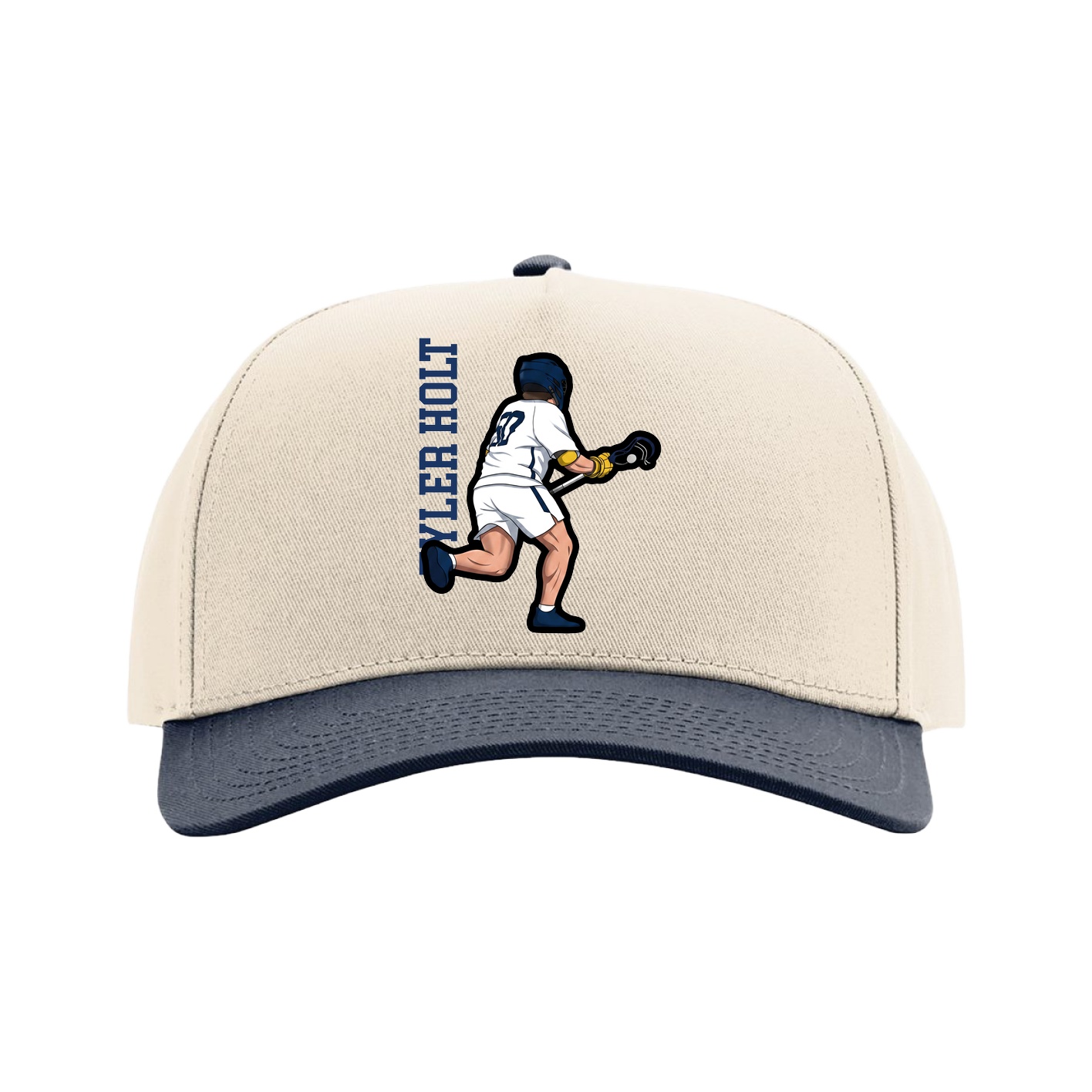 Full Fabric Five-Panel Champ Cap — Name Vertical in Cream/Navy