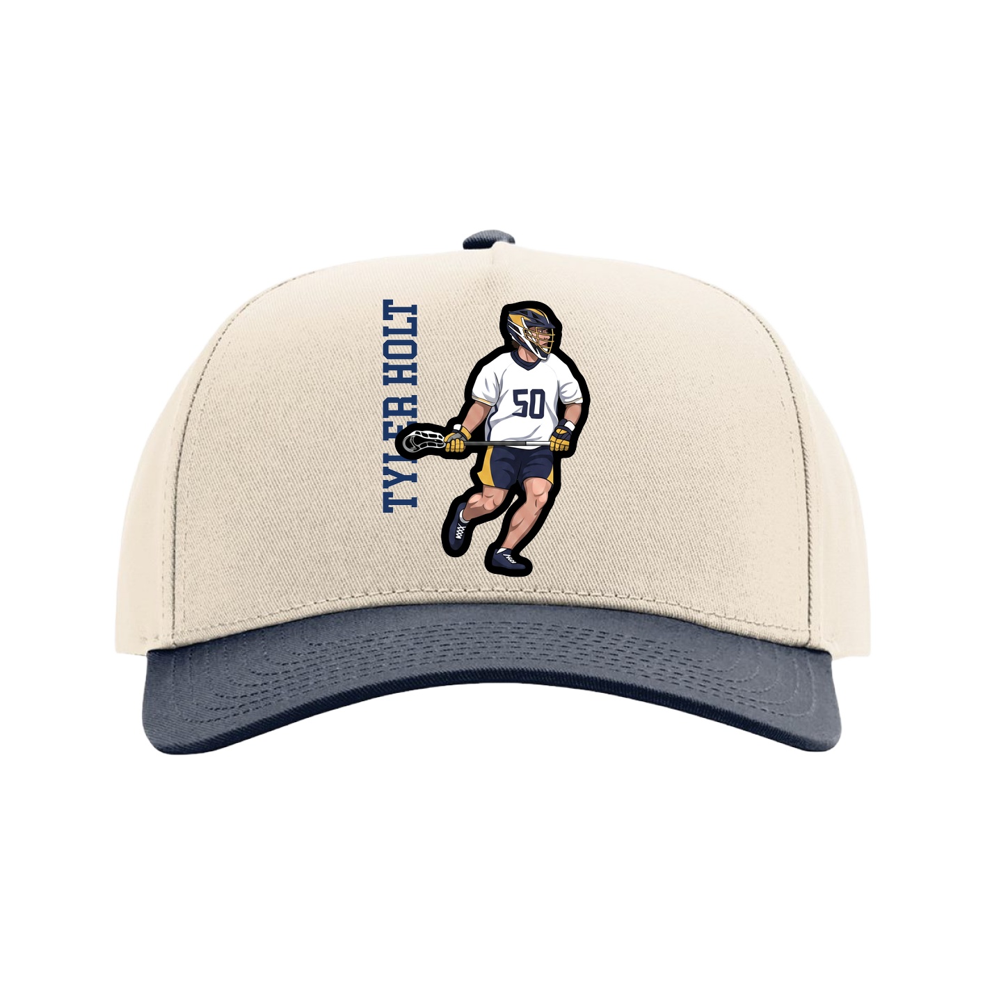 Full Fabric Five-Panel Champ Cap — Name Vertical in Cream/Navy