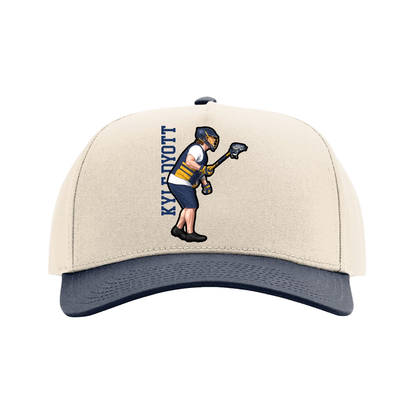 Full Fabric Five-Panel Champ Cap — Name Vertical in Cream/Navy