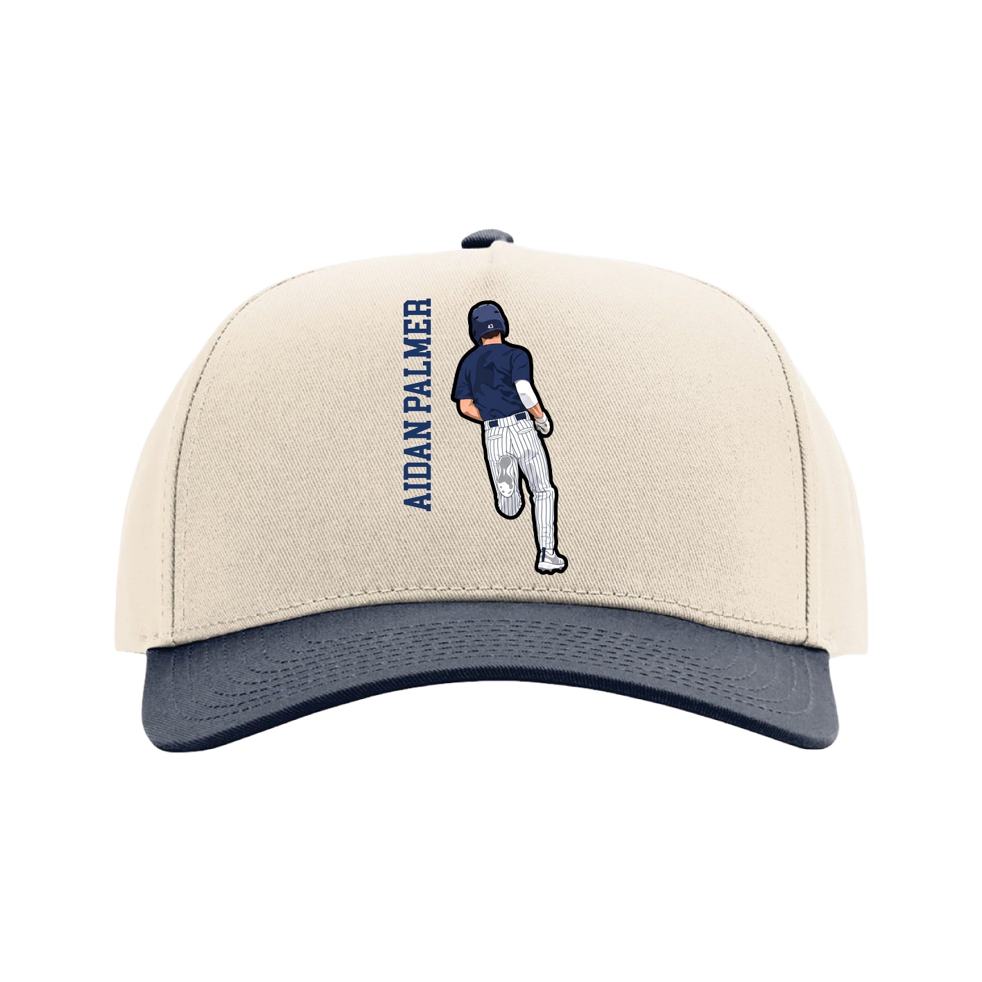 Full Fabric Five-Panel Champ Cap — Name Vertical in Cream/Navy