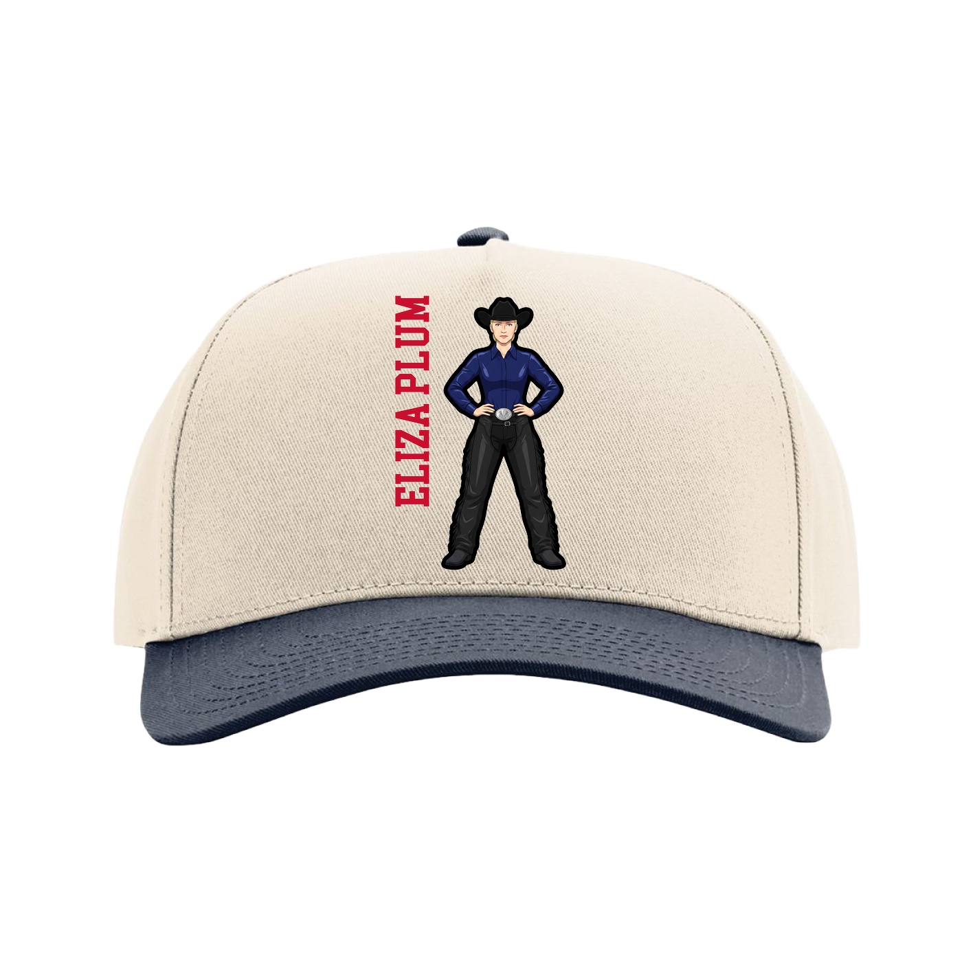 Full Fabric Five-Panel Champ Cap — Name Vertical in Cream/Navy