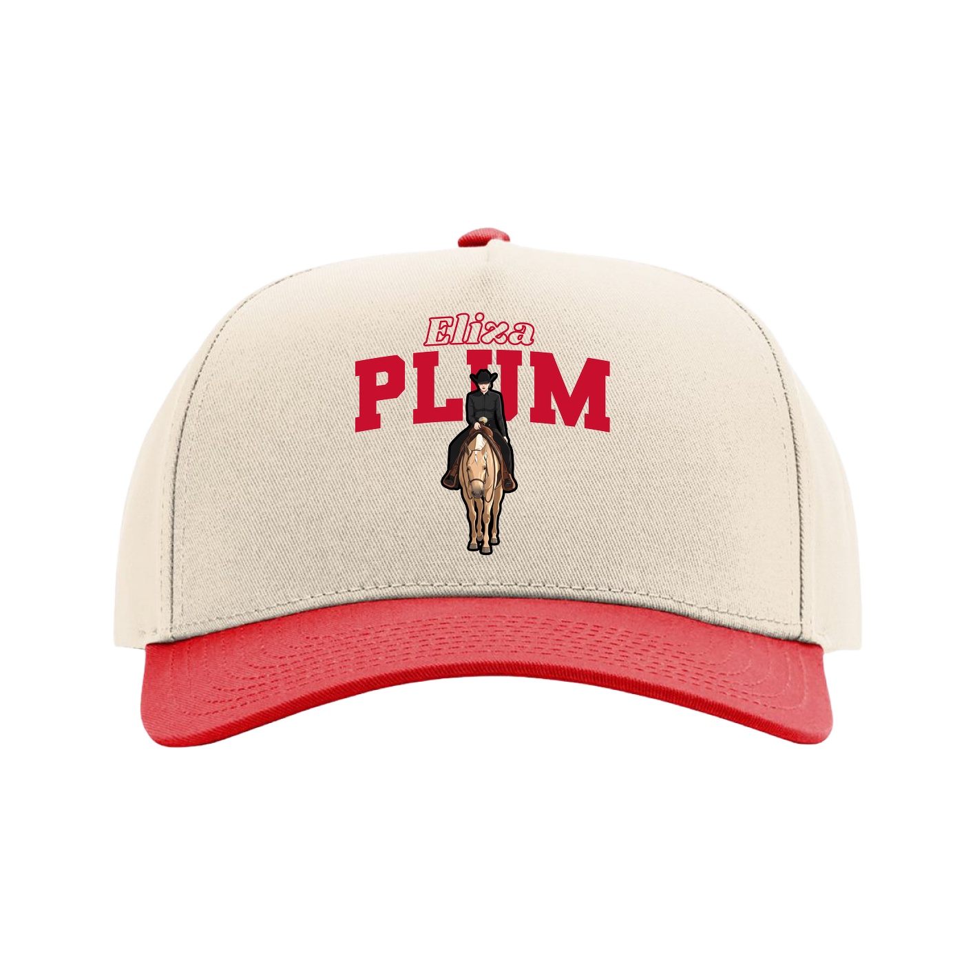 Full Fabric Five-Panel Champ Cap — Name Arch in Cream/Red