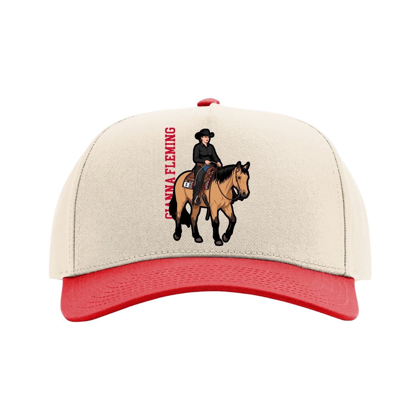Full Fabric Five-Panel Champ Cap — Name Vertical in Cream/Red