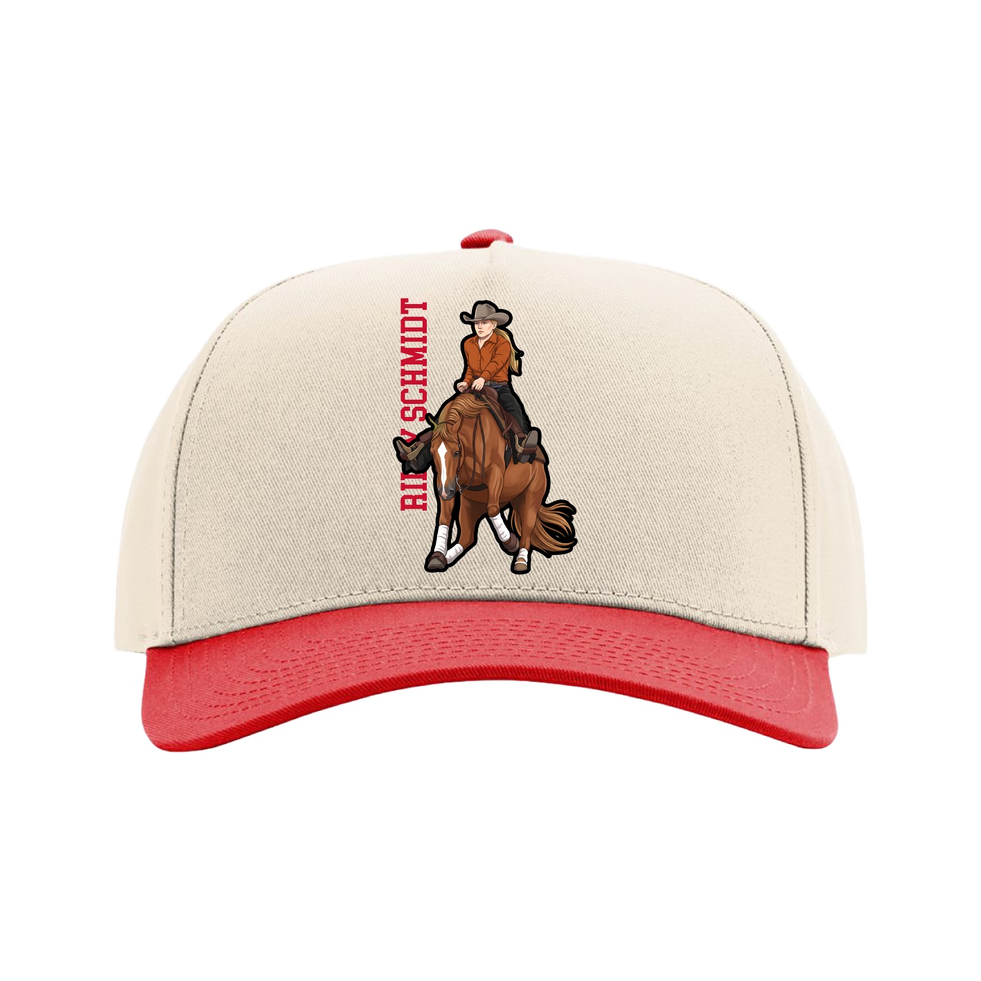 Full Fabric Five-Panel Champ Cap — Name Vertical in Cream/Red