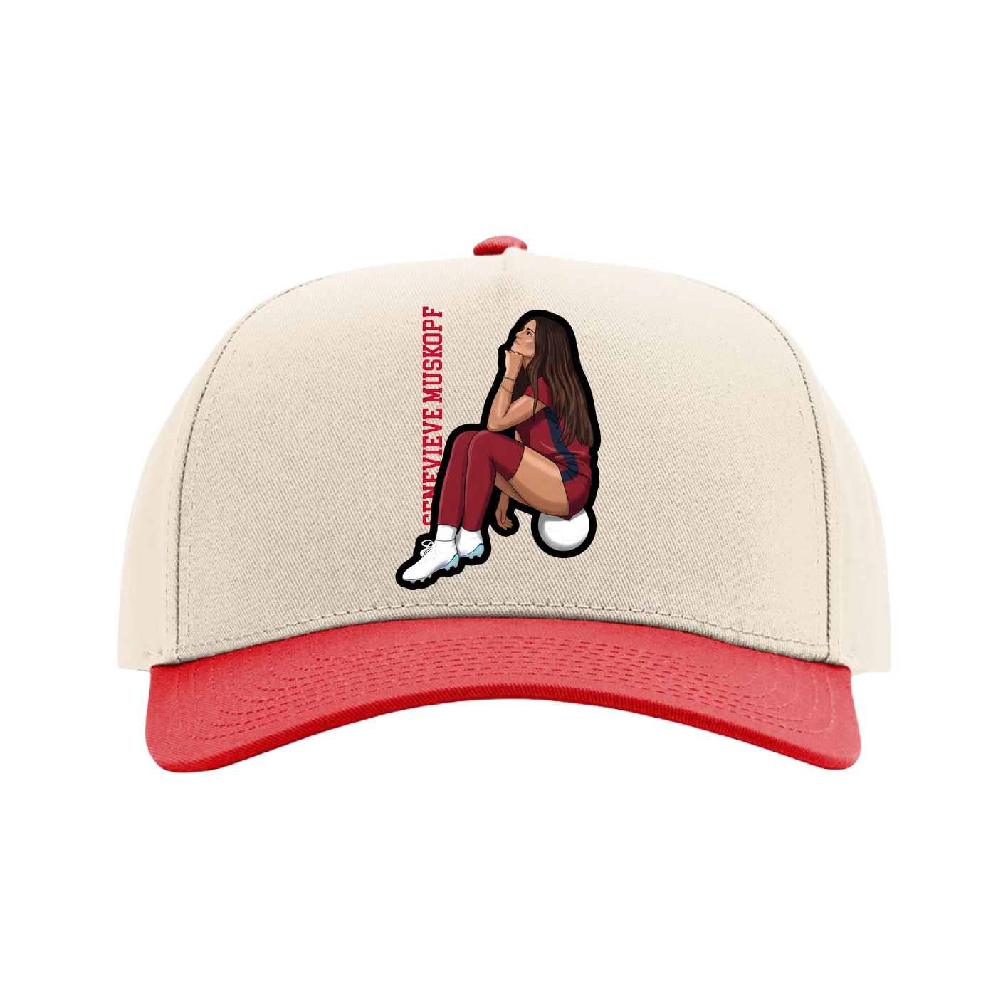 Full Fabric Five-Panel Champ Cap — Name Vertical in Cream/Red