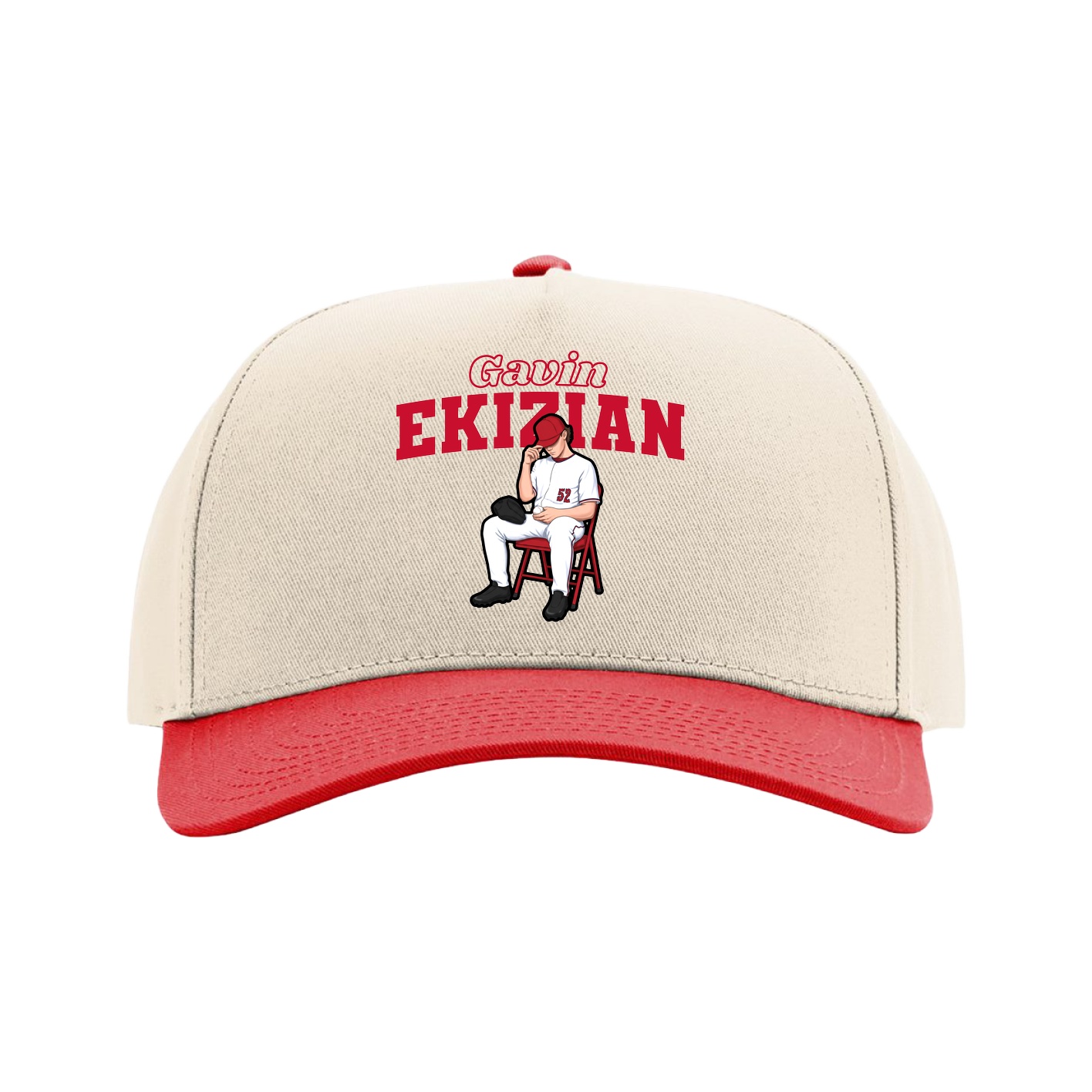 Full Fabric Five-Panel Champ Cap — Name Arch in Cream/Red