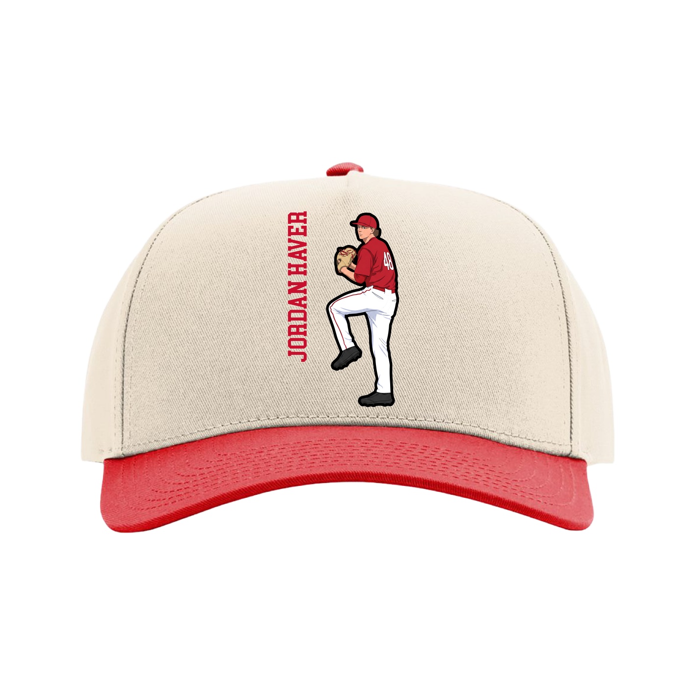 Full Fabric Five-Panel Champ Cap — Name Vertical in Cream/Red