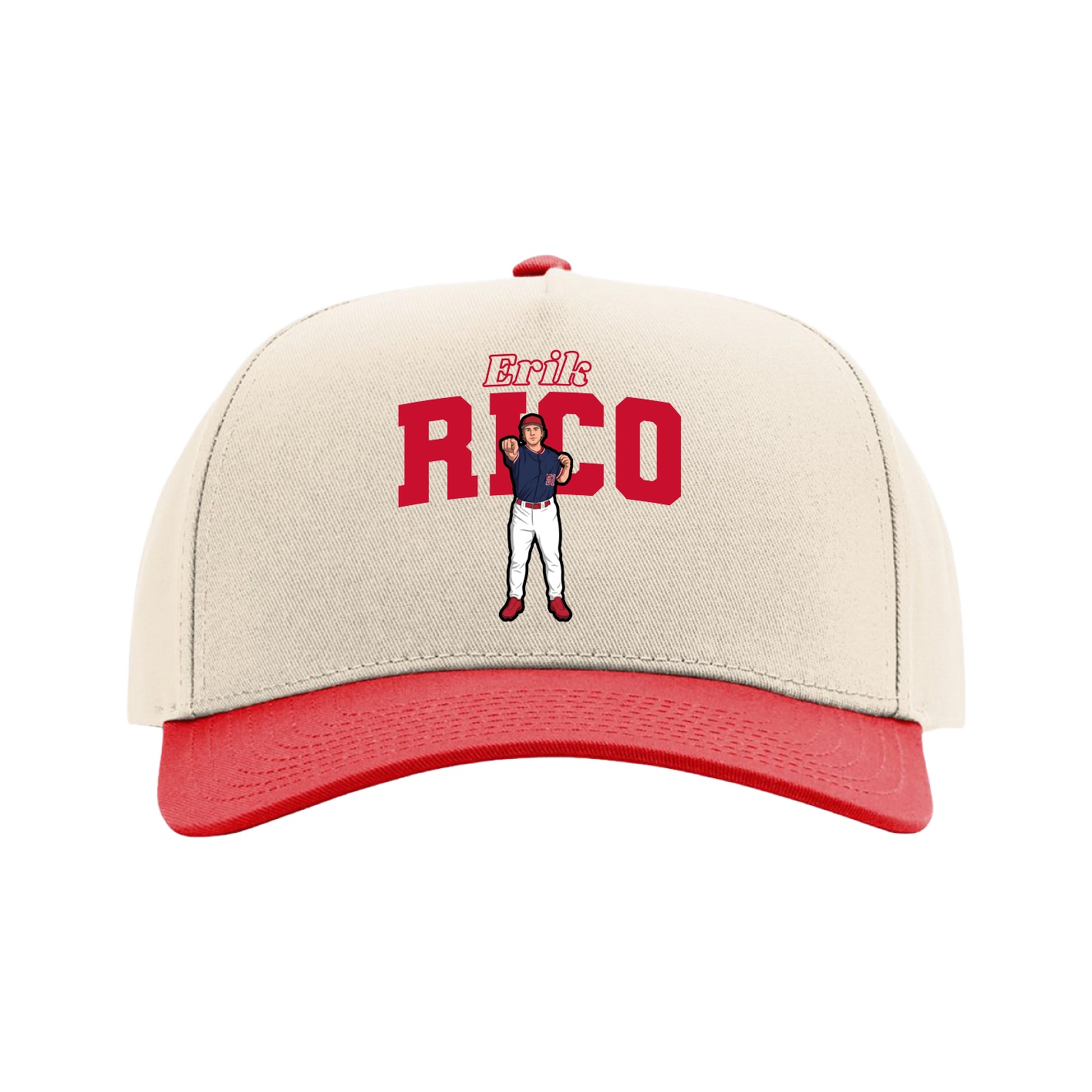 Full Fabric Five-Panel Champ Cap — Name Arch in Cream/Red