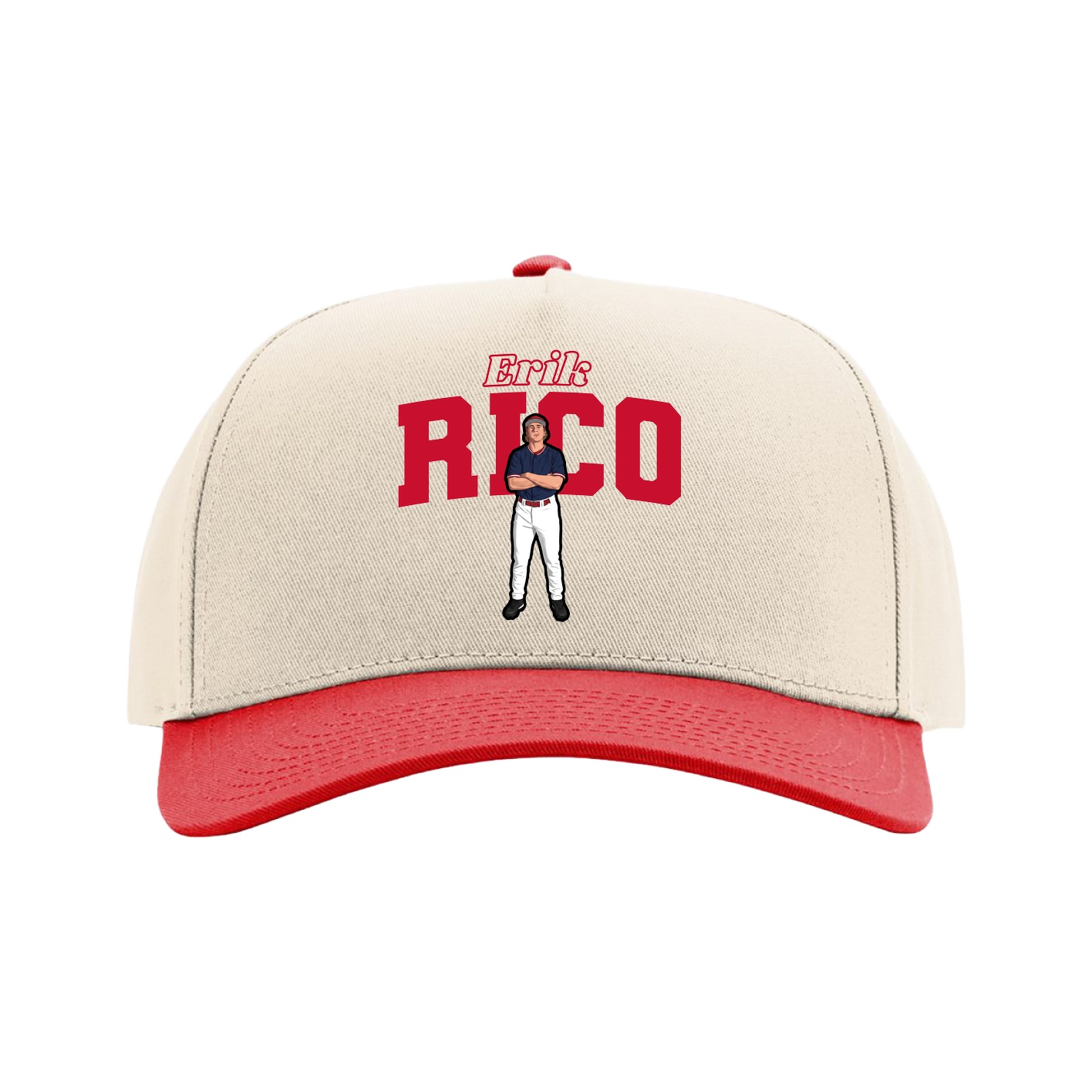 Full Fabric Five-Panel Champ Cap — Name Arch in Cream/Red
