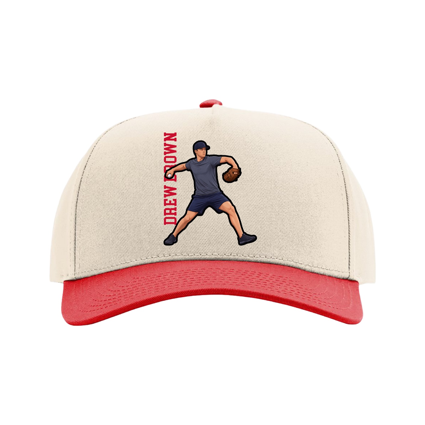 Full Fabric Five-Panel Champ Cap — Name Vertical in Cream/Red