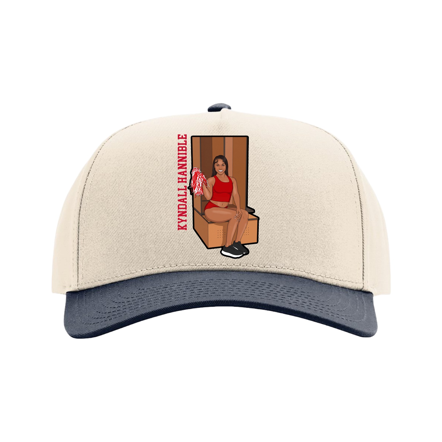 Full Fabric Five-Panel Champ Cap — Name Vertical in Cream/Navy