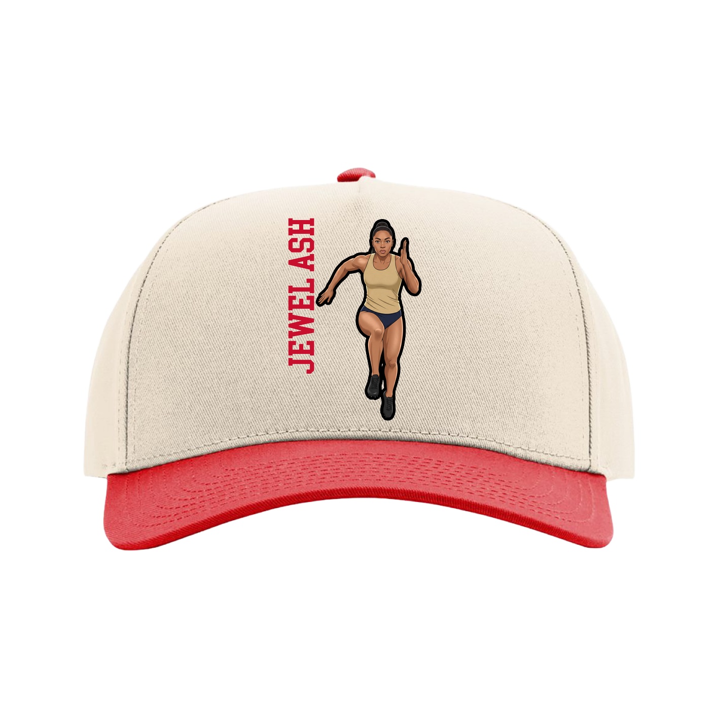 Full Fabric Five-Panel Champ Cap — Name Vertical in Cream/Red
