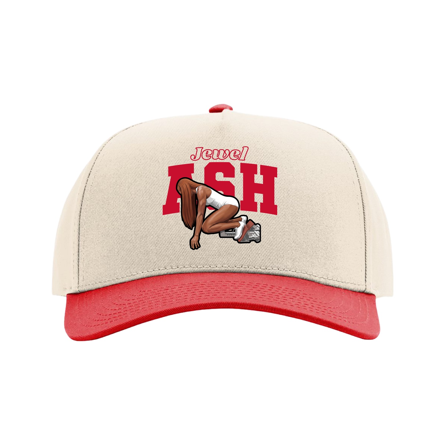 Full Fabric Five-Panel Champ Cap — Name Arch in Cream/Red
