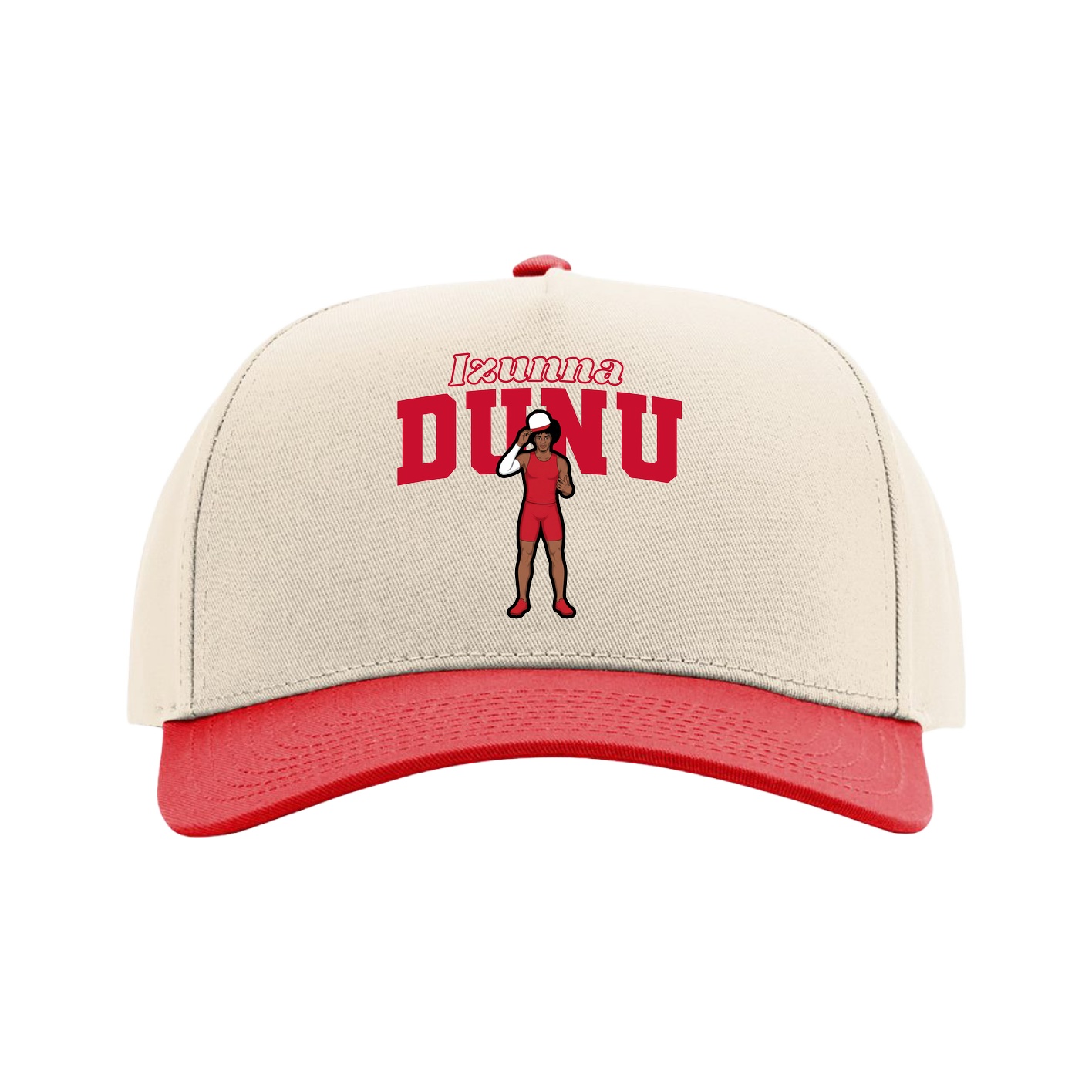 Full Fabric Five-Panel Champ Cap — Name Arch in Cream/Red