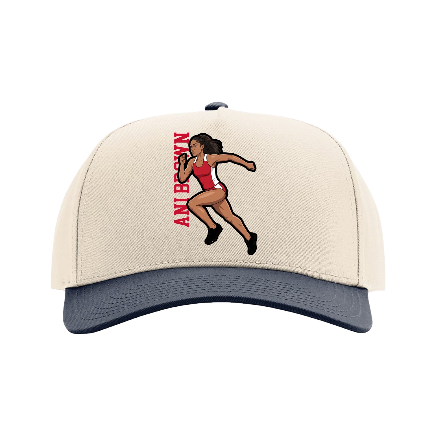 Full Fabric Five-Panel Champ Cap — Name Vertical in Cream/Navy