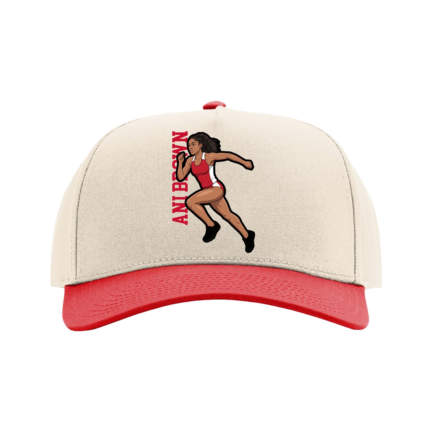 Full Fabric Five-Panel Champ Cap — Name Vertical in Cream/Red