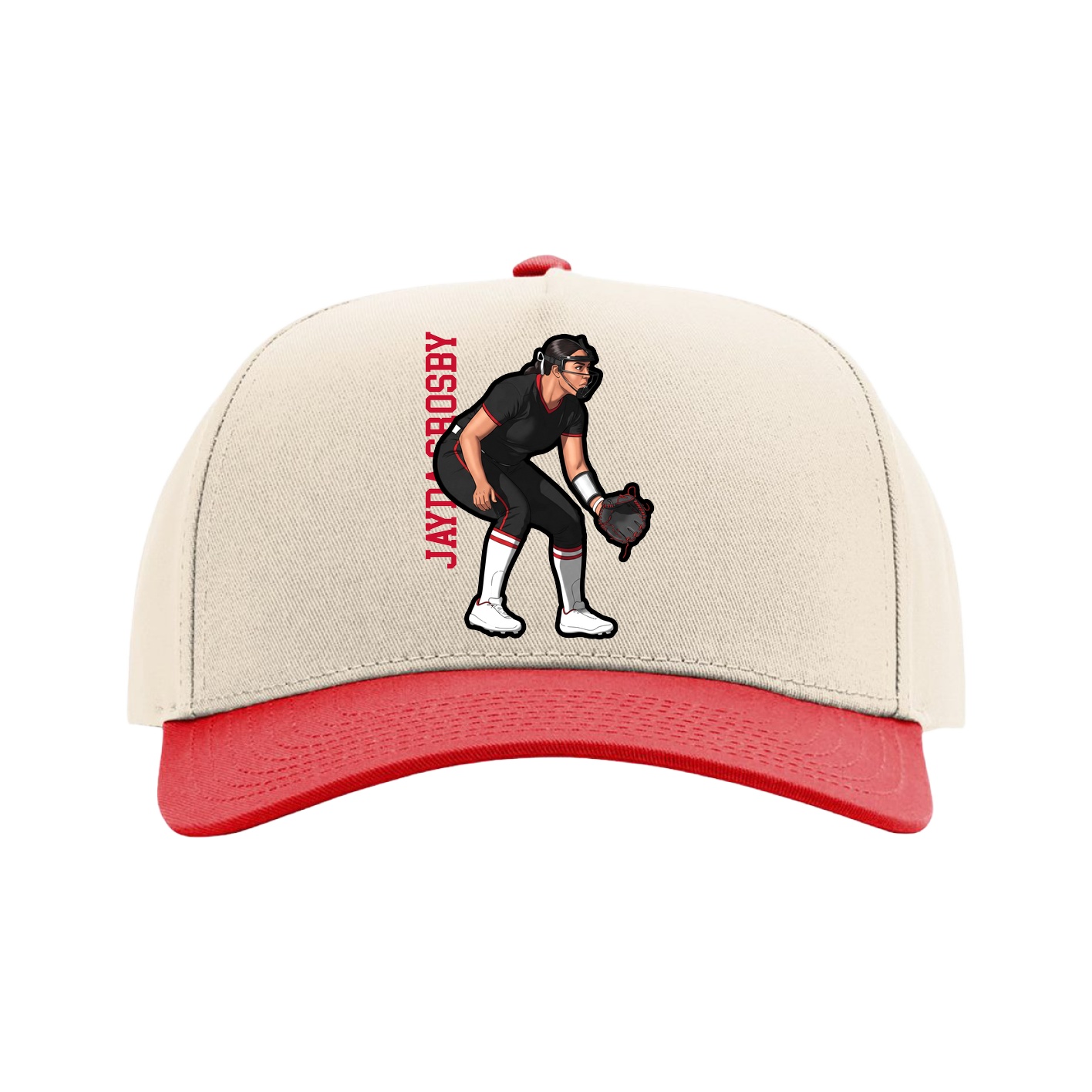 Full Fabric Five-Panel Champ Cap — Name Vertical in Cream/Red