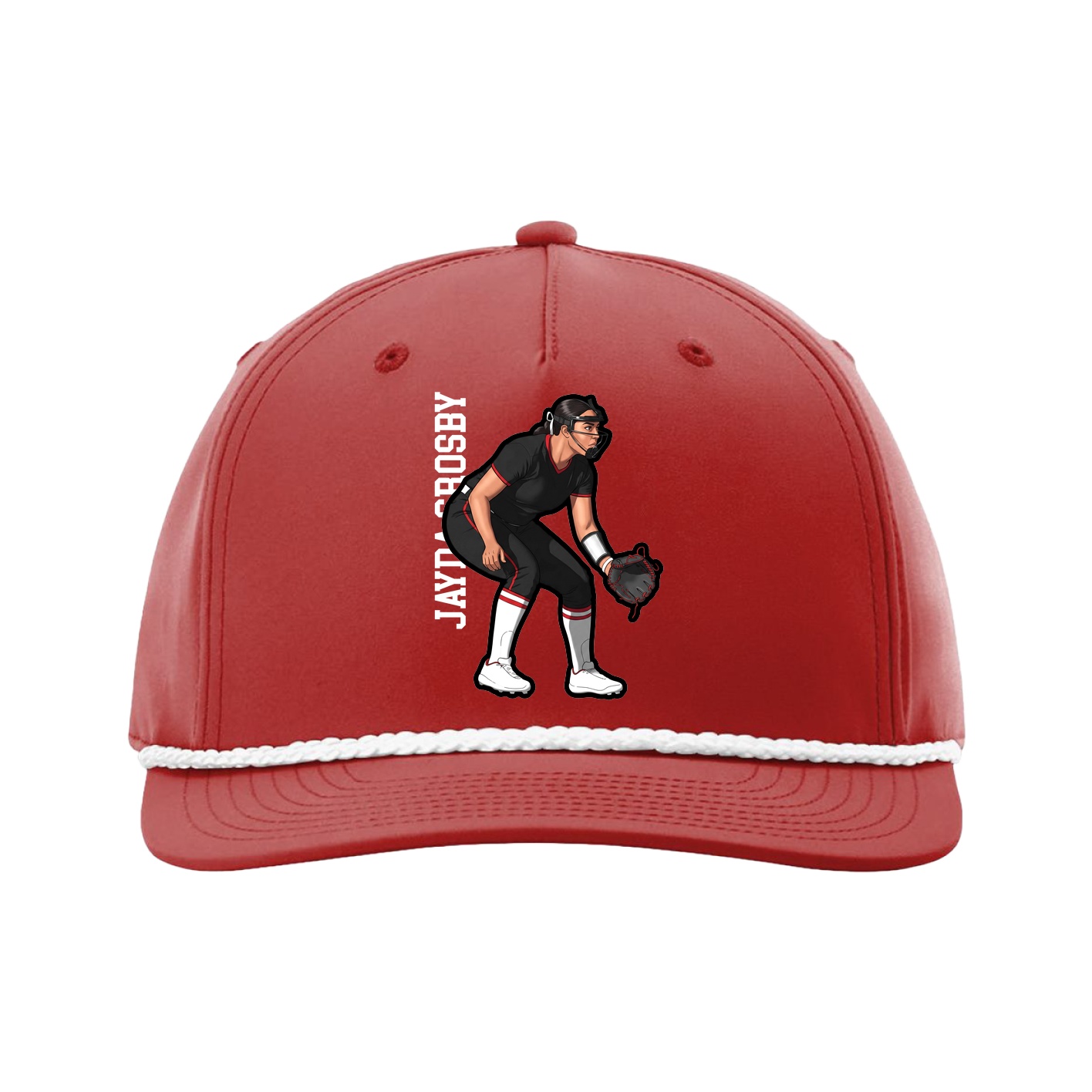 Five-Panel Classic Rope Cap — Name Vertical in Red