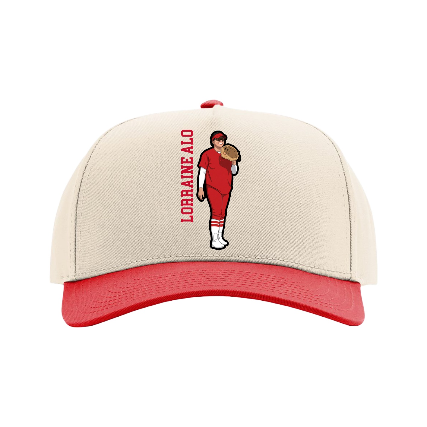 Full Fabric Five-Panel Champ Cap — Name Vertical in Cream/Red