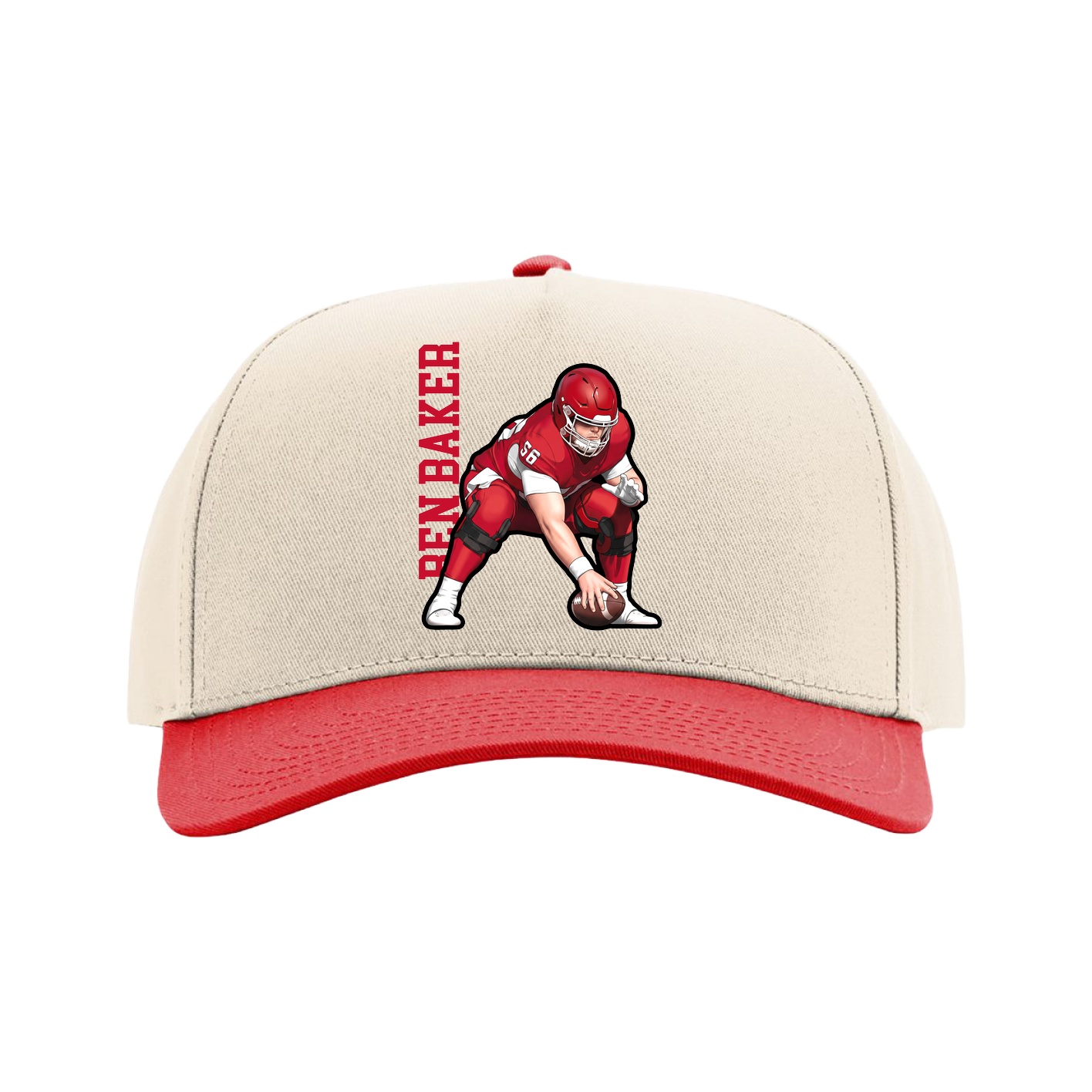 Full Fabric Five-Panel Champ Cap — Name Vertical in Cream/Red
