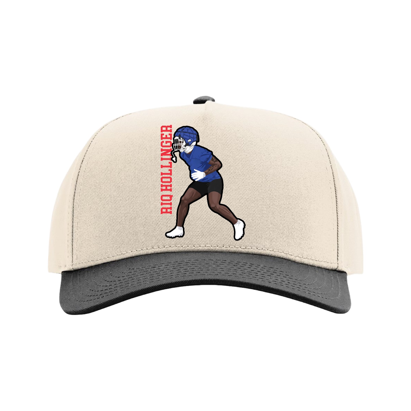 Full Fabric Five-Panel Champ Cap — Name Vertical in Cream/Black