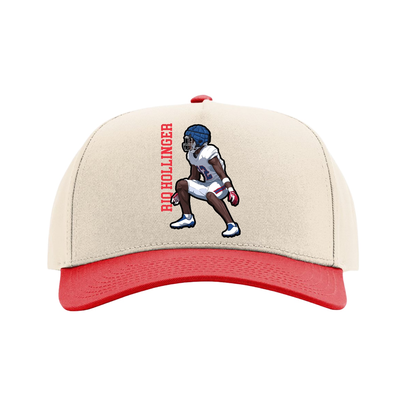 Full Fabric Five-Panel Champ Cap — Name Vertical in Cream/Red