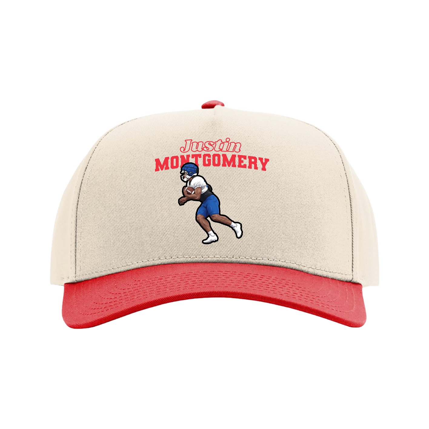 Full Fabric Five-Panel Champ Cap — Name Arch in Cream/Red