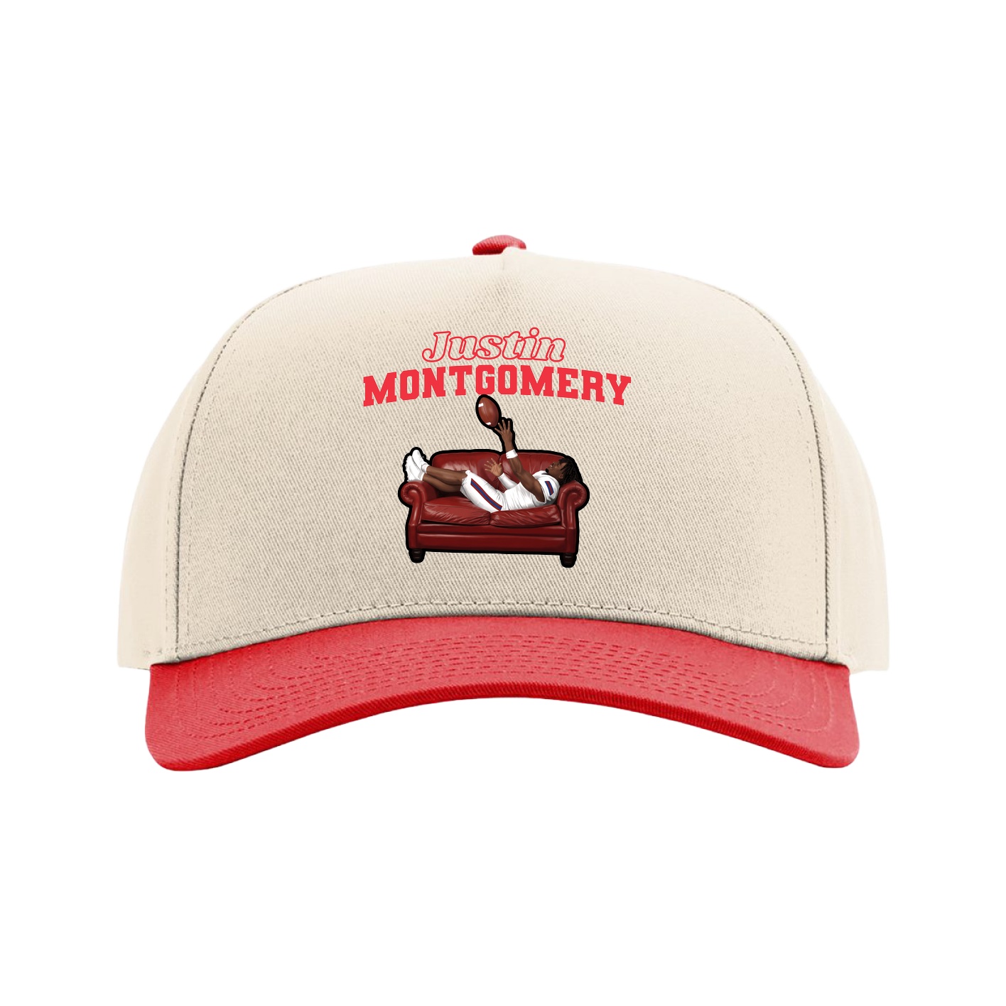 Full Fabric Five-Panel Champ Cap — Name Arch in Cream/Red