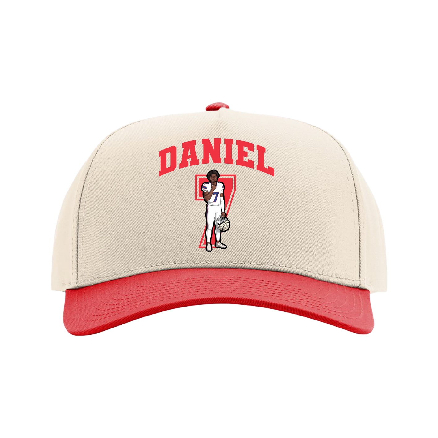 Full Fabric Five-Panel Champ Cap — Number in Cream/Red