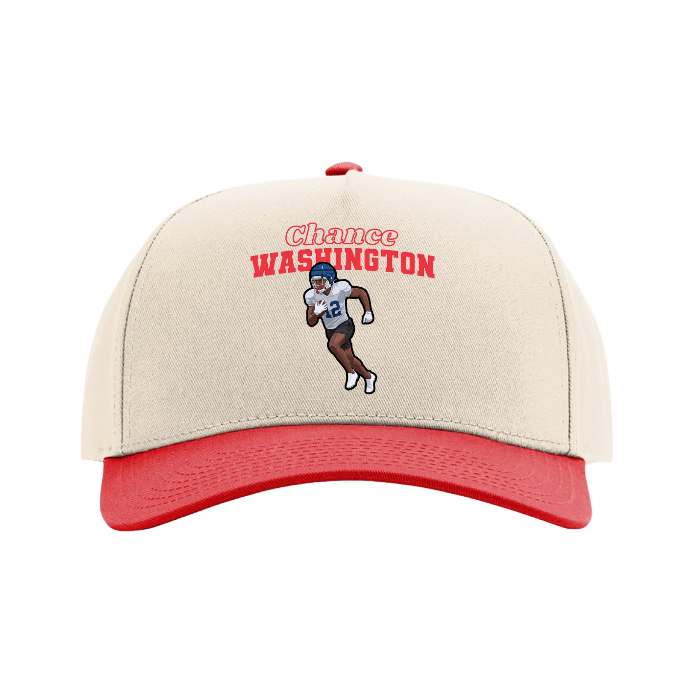Full Fabric Five-Panel Champ Cap — Name Arch in Cream/Red