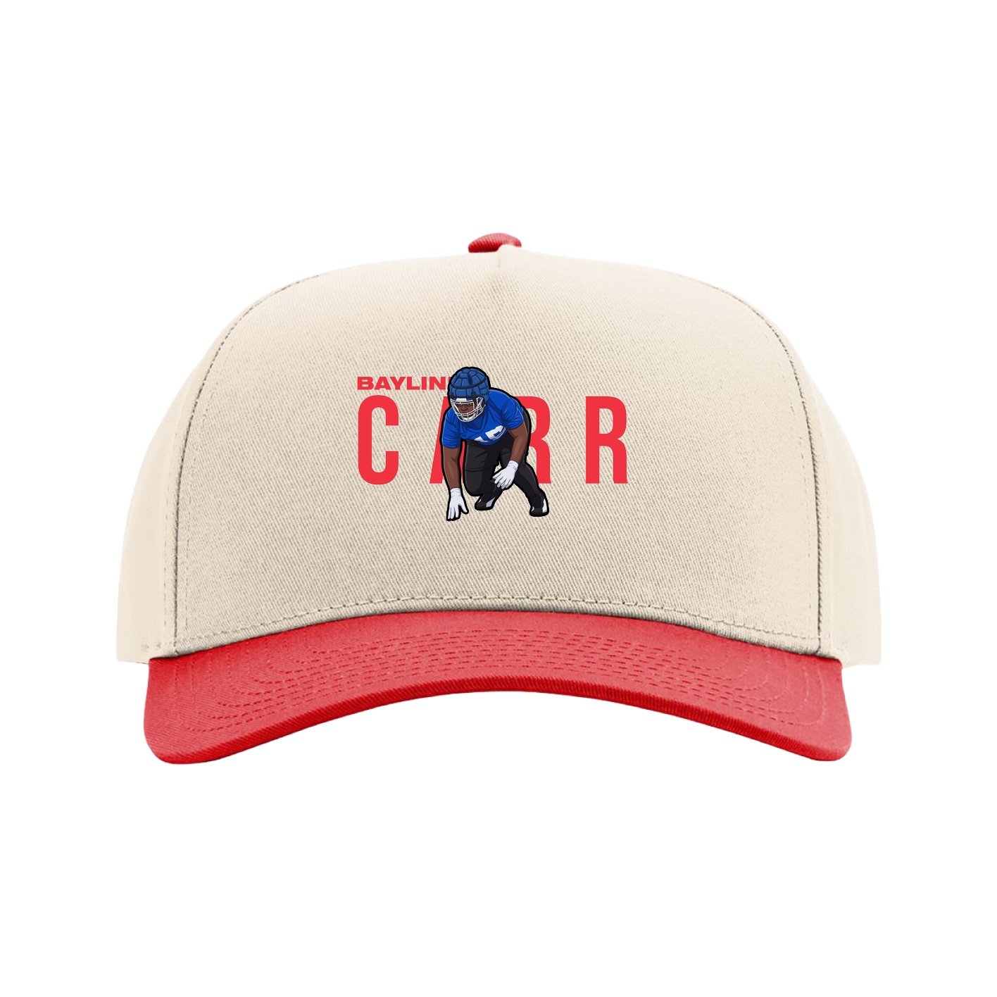 Full Fabric Five-Panel Champ Cap — Player Name in Cream/Red