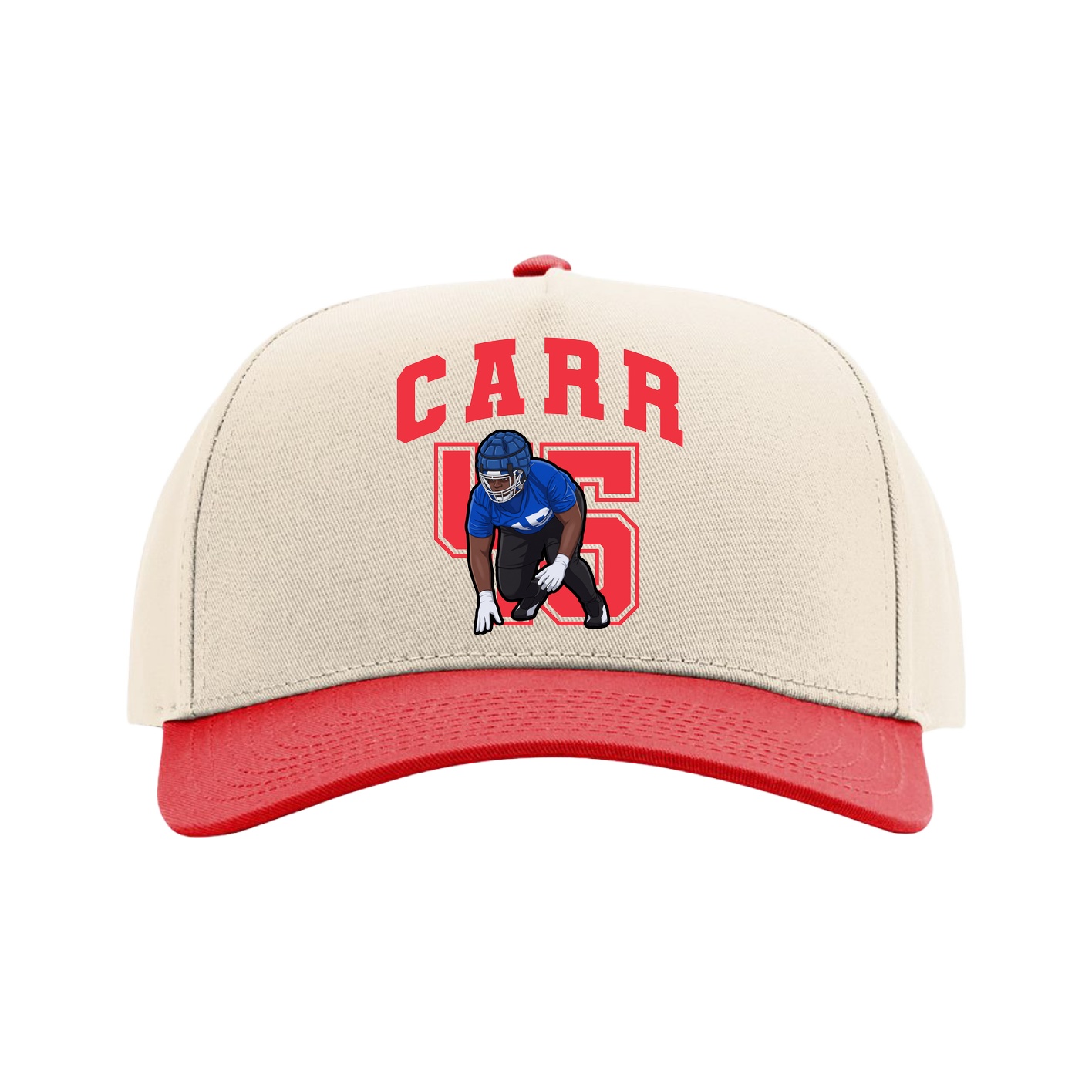 Full Fabric Five-Panel Champ Cap — Number in Cream/Red