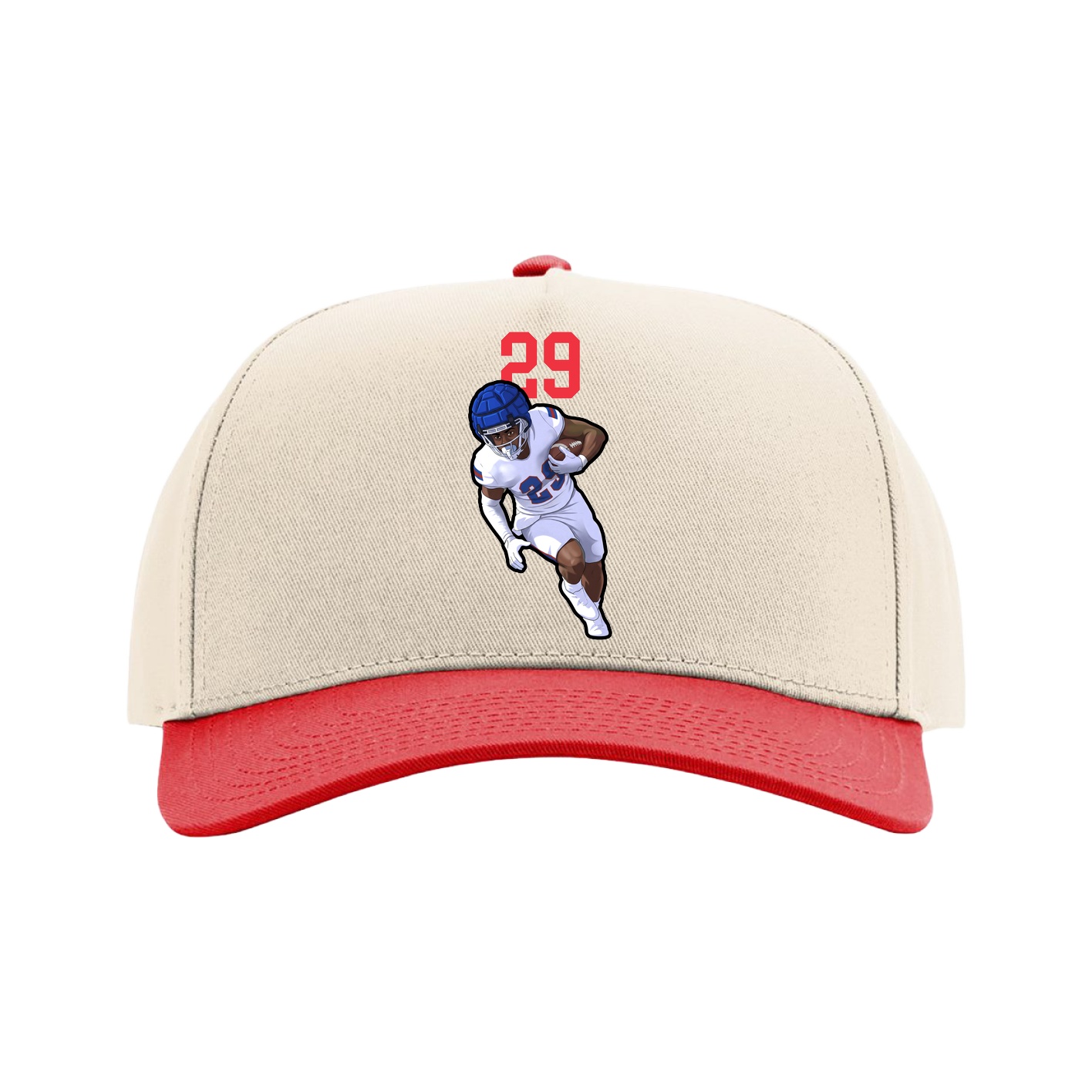 Full Fabric Five-Panel Champ Cap — Number Top in Cream/Red