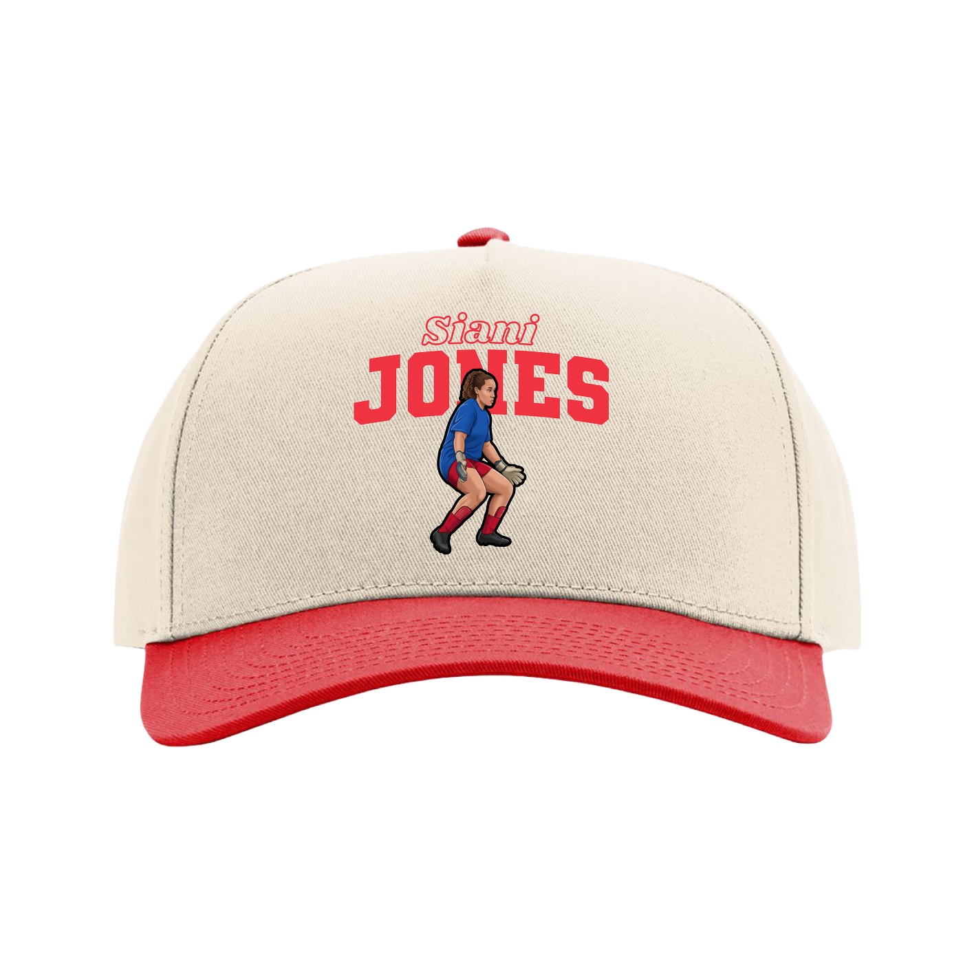 Full Fabric Five-Panel Champ Cap — Name Arch in Cream/Red
