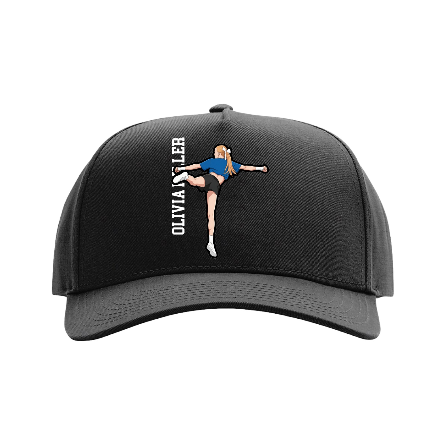Full Fabric Five-Panel Champ Cap — Name Vertical in Black