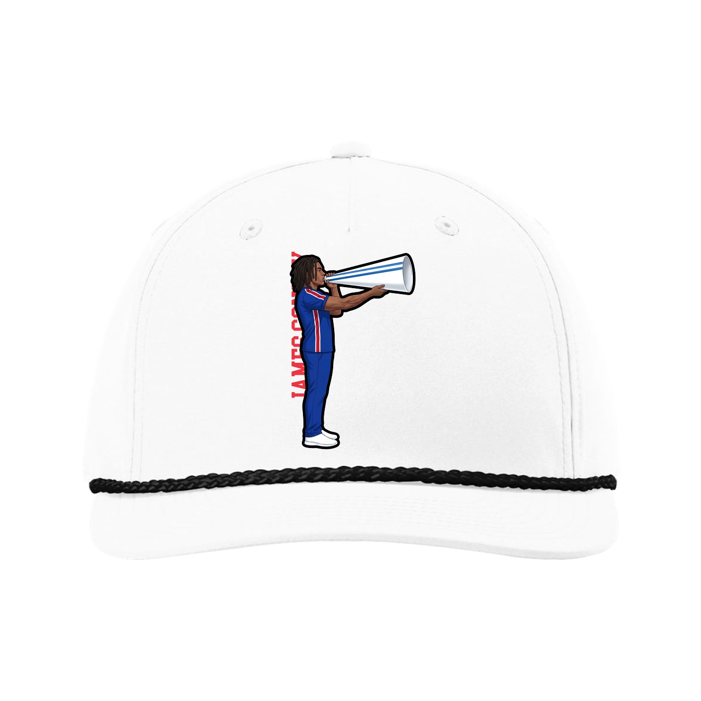 Five-Panel Classic Rope Cap — Name Vertical in White