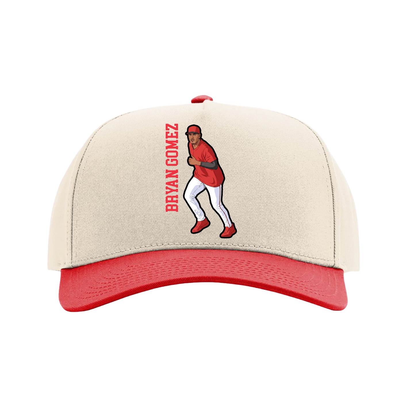 Full Fabric Five-Panel Champ Cap — Name Vertical in Cream/Red