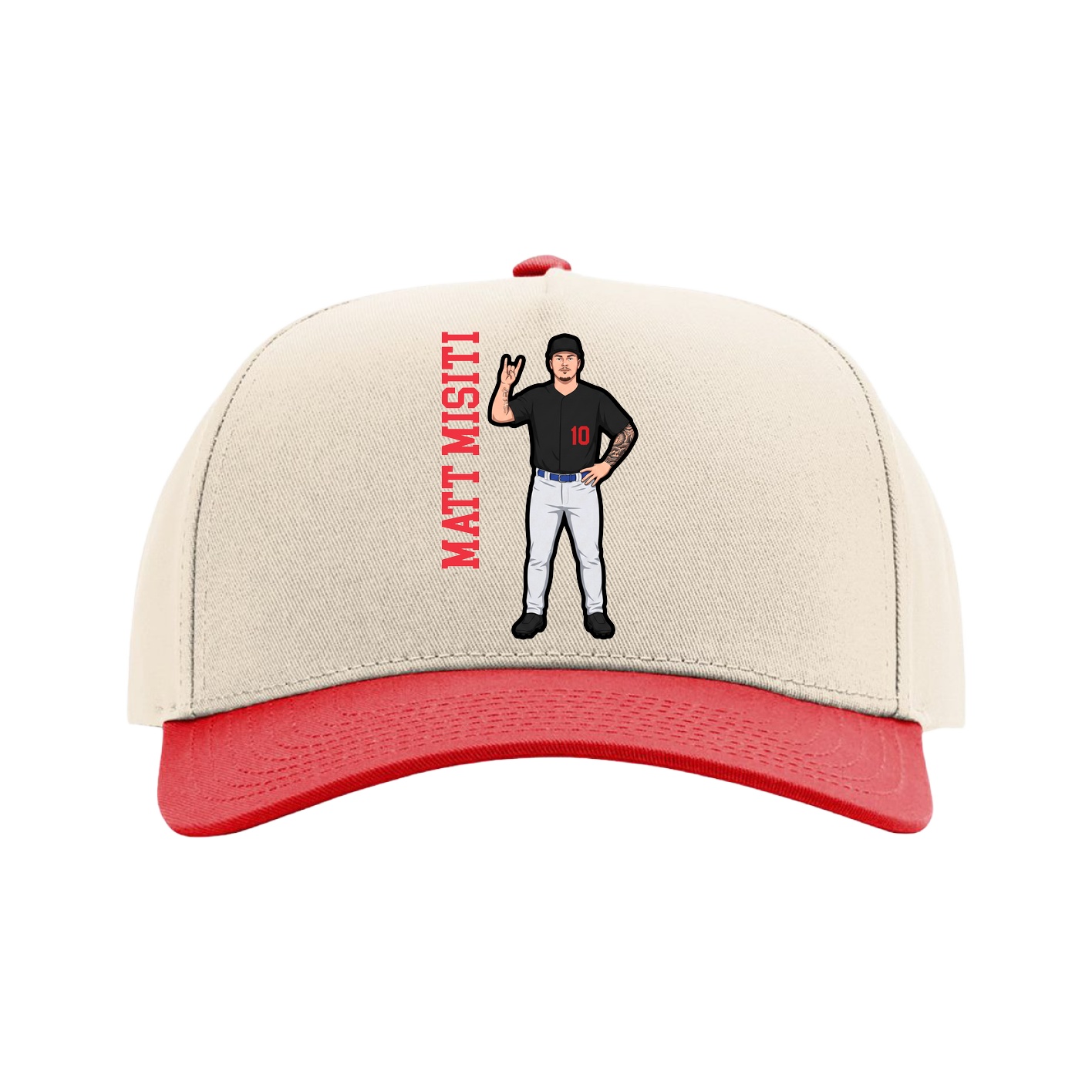 Full Fabric Five-Panel Champ Cap — Name Vertical in Cream/Red