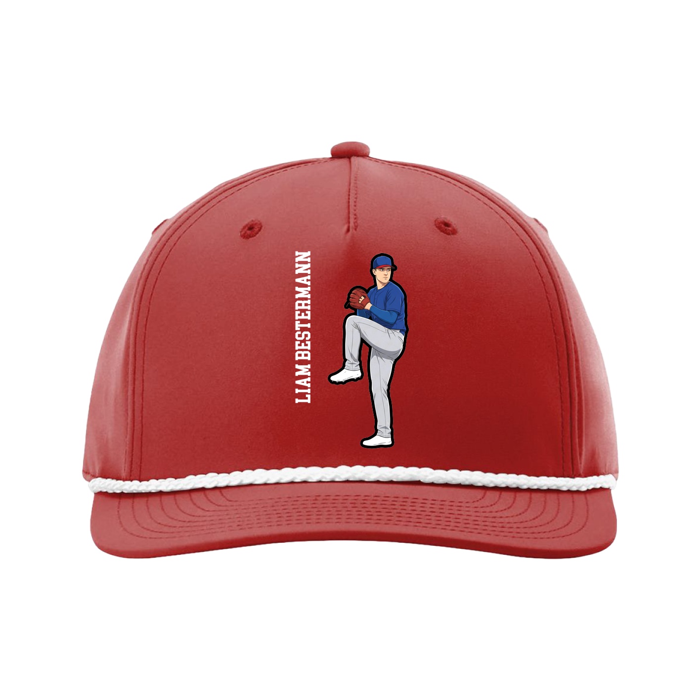 Five-Panel Classic Rope Cap — Name Vertical in Red