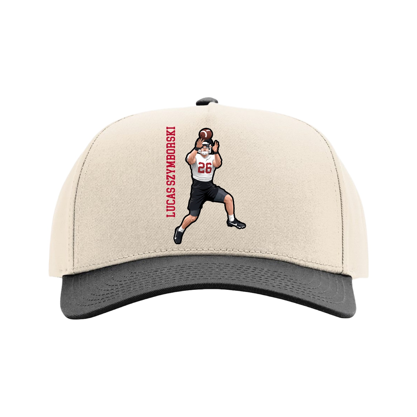 Full Fabric Five-Panel Champ Cap — Name Vertical in Cream/Black